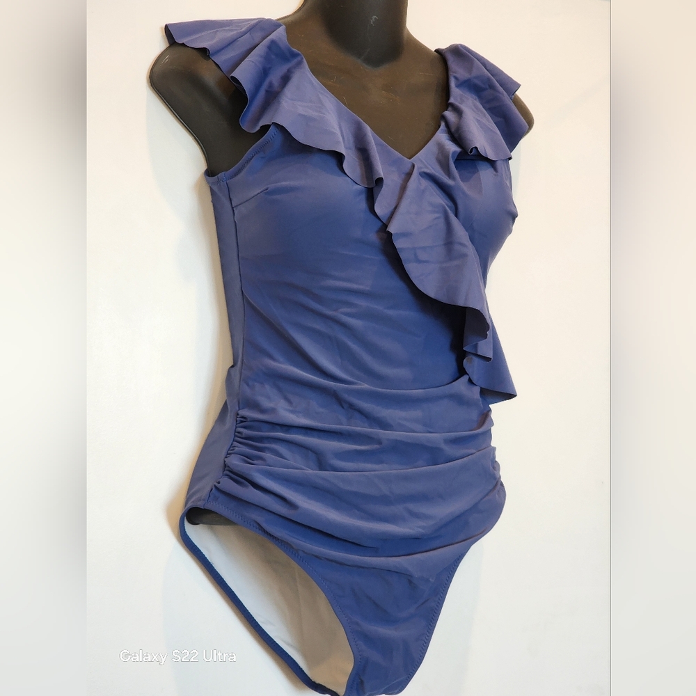 Blooming Jelly Tummy Control Slimming Blue Ruffle V Neck Swimsuit Size S - Picture 5 of 6